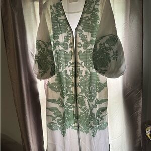 Women's White Long Sleeve Dress with Green Floral Embroidery